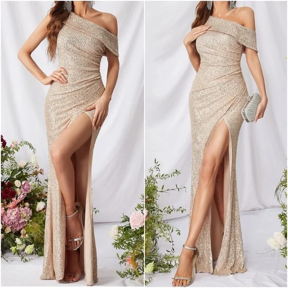 Luxe One Shoulder slit thigh party formal holidays Evening sequins dress